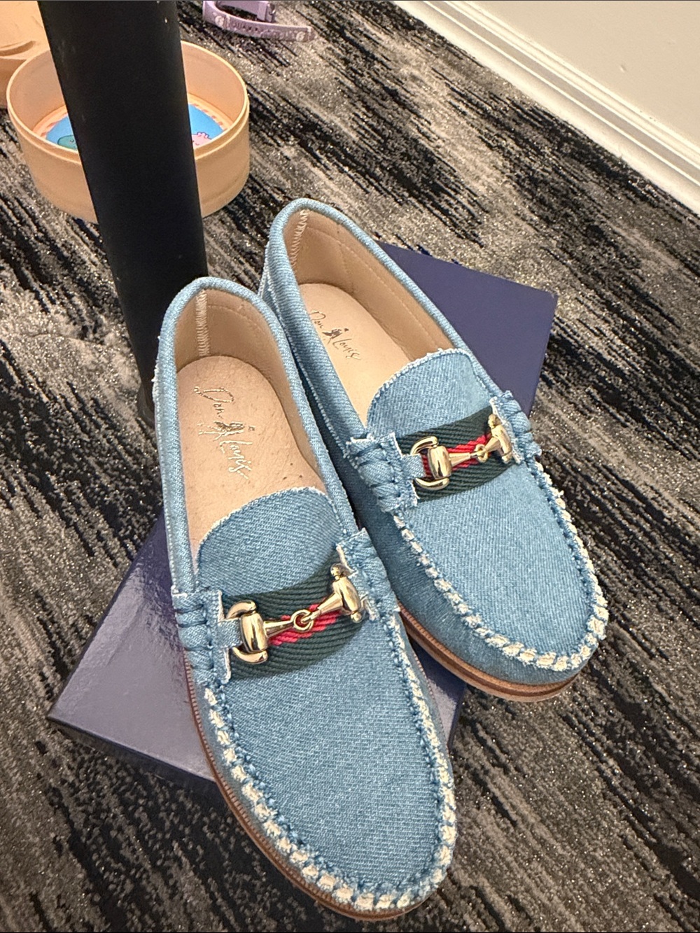 Kids Denim Moccasin Loafers with Gold Bit Accent - Light Blue